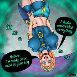 aged_up clothed dialogue female_only femsub happy_trance heterochromia league_of_legends midriff navel necklace open_mouth orange_hair ruination spiral_background text veigoarts zoe_(league_of_legends)