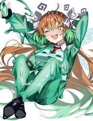  blush fairy_festival femsub green_hair hair_color_change ishmael_(limbus_company) limbus_company mu46016419 multicolored_hair one_eye_open orange_hair possession simple_background slime smile spiral spiral_eyes sweat symbol tie white_background wings 