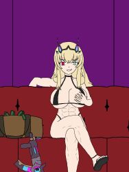 abs alien alien_parasite_(the_hidden) androgynous_dom bare_legs bare_shoulders barghest_(fate) bikini bikini_bottom bikini_top breast_fondling breasts comic corruption couch crossed_legs crossover fate/grand_order fate_(series) femsub green_eyes gun happy_trance holding_breasts justlooking727 large_breasts legs looking_at_viewer money parasite possession red_eyes sandals sitting smile smug the_hidden weapon