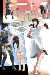  absurdres altered_perception bare_legs black_hair blue_hair boots breasts chair chin_hold choker closed_eyes comic corset dialogue dress english_text female_only femdom femsub glatu gloves hairband happy_trance hat high_heels large_breasts legs long_hair mannequin milf necklace phantom_hand posing short_hair speech_bubble spy_x_family stage_hypnosis traditional_hypnosis yor_briar 