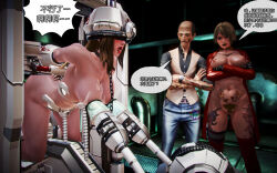  3d arms_behind_back black_lipstick blue_eyes blush boots breast_sucking brown_hair chains chinese_text clothed_exposure collar collarbone corruption crossed_arms face_paint femdom femsub gloves helmet honey_select_2 jeans lactation lipstick long_hair maledom milk milking milking_machine multiple_girls nipples nude open_mouth pubic_hair restrained sex_machine short_hair solo speech_bubble tattoo tears tech_control thighhighs tongue topless vaginal 