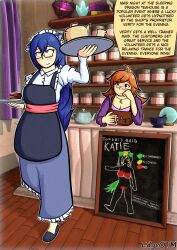 absurdres apron blue_eyes blue_hair cat_ears cat_girl clothed consensual crossed_eyes edgeofthemoon empty_eyes female_only femdom femsub happy_trance katie_(edgeofthemoon) large_breasts maid maid_headdress orange_hair original shirt smile spiral_eyes tail text very_long_hair waitress