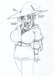  absurdres betrayal bracers breasts clothed crazycowproductions drool dungeons_and_dragons english_text eyebrows_visible_through_hair greyscale happy_trance hat huge_breasts hypnotic_accessory long_hair monochrome necklace pathfinder prostitution robe simple_background sketch smile spiral spiral_eyes symbol_in_eyes text white_background wizard 