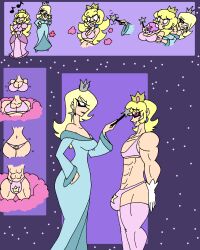 absurdres before_and_after blonde_hair breast_expansion breasts bulge cleavage comic crown earrings femdom happy_trance hypnotic_eyes jewelry kaa_eyes long_hair lordebonfuze magic magic_wand malesub multiple_girls muscle_boy muscle_growth nintendo princess princess_peach princess_rosalina super_mario_bros. thighhighs transformation transgender