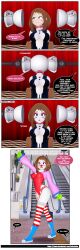  3d absurdres boots brown_eyes brown_hair clown_girl clownification collar comic dialogue empty_eyes erect_nipples_under_clothes face_paint garter_straps happy_trance latinkaixa leotard light_skin my_hero_academia ochaco_uraraka open_mouth pink_eyes short_hair smile speech_bubble spiral_eyes symbol_in_eyes tech_control text thighhighs white_skin 