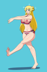  absurdres banished_from_the_hero&#039;s_party barefoot bikini blonde_hair blue_eyes breasts breasts_outside dlobo777 empty_eyes expressionless feet female_only femsub large_breasts long_hair navel rit simple_background topless zombie_walk 