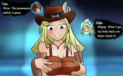 aura aware bare_shoulders blonde_hair blush bravely_default bravely_second breasts cowboy_hat edea_lee edgeofthemoon english_text femsub hair_band hair_ribbon happy_trance hat holding_breasts humor long_hair maledom open_mouth possession ribbon smile square_enix text 