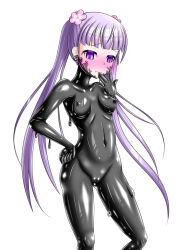 aoba_suzukaze blush bodysuit erect_nipples female_only new_game! purple_eyes purple_hair simple_background slime solo twintails
