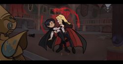 amphibia armor belensan-art belt black_hair blonde_hair blood book cape crossbow dancing disney fangs femsub long_hair marcy_wu mole red_eyes sasha_waybright short_hair signature vampire