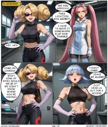 ai_art annie_(pokemon) blonde_hair devianbar dialogue glasses grey_hair large_breasts long_hair lovrina_(pokemon) nintendo oakley pink_hair pokemon short_hair team_hypno team_rocket text twintails