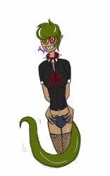 cyl4s dazed drool fangs fishnets green_hair happy_trance hypnotic_eyes kaa_eyes lizard_girl panties simple_background snake snake_girl spiral_eyes studded_collar symbol_in_eyes tail thighhighs underwear
