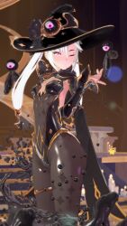 3d absurdres alternate_costume androgynous_dom arms_above_head breasts eye_color_change femsub floating genshin_impact hair_color_change hat hypnotic_slime koikatsu! kuromaru latex looking_at_viewer m.u.g.e.n. mona_(genshin_impact) one_eye_open pink_eyes posed posing possession slime symbiote tagme taihou1944 white_hair wink