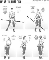  before_and_after bimbofication black_hair breast_expansion breasts comic femsub greyscale hypnotic_gas large_breasts pegasus_(artist) rey_(star_wars) short_hair star_wars text torn_clothes western 