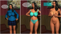 3d absurdres aishahypno altered_common_sense alternate_costume before_and_after black_hair breasts brown_eyes brown_lipstick cleavage collarbone comic erect_nipples euel female_only femsub huge_breasts lingerie long_hair open_mouth original panties piercing pov pov_dom pussy skirt solo text thick_thighs underwear undressing