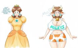 blue_eyes breast_expansion brown_hair cameltoe clothed collar color cow_girl cow_print cowbell earrings english_text environmental_text female_only femsub horns kobi94 manip nintendo pink_eyes princess_daisy super_mario_bros. text white_background white_skin