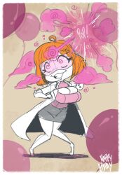  balloon clothed darkhatboy drool english_text female_only femsub glasses lab_coat orange_hair solo sonia_(the_goddess_sonia) spiral spiral_eyes text 