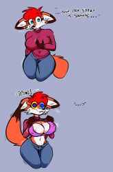  blush bouncing_breasts bra breast_grab breasts breasts_outside davidthewolfx10 erect_nipples exposed_chest female_only femsub fox_girl furry green_eyes happy_trance janneth_(davidthewolfx10) meme nipples orange_skin original red_hair resisting ring_eyes shirt_lift smile spiral_eyes surprised sweater tail text thick_thighs trembling trigger wide_hips 