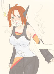  ahoge arm_warmers blush clothed coin collarbone crosscode drool earpiece emilie-sophie_de_belmond eyebrows_visible_through_hair female_only femsub freckles green_eyes hand_on_another's_cheek happy_trance open_mouth orange_hair pants pendulum ratprophet shirt short_hair simple_background smile standing tank_top wide_hips 