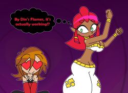    aged_up ahoge alternate_costume alternate_hairstyle androgynous_sub arm_warmers bare_shoulders blush bracelet brown_hair choker cleavage collarbone consensual crossdressing crossover dancer dancing dark_skin disney elf_ears english_text eyebrows_visible_through_hair eyelashes femdom gerudo green_eyes happy_trance harem_outfit heart_eyes hourglass_figure hypnoscream hypnotic_dance kingdom_hearts large_breasts love makeela_riju midriff navel nintendo pants purple_background red_hair ring_background shiny_hair shiny_skin simple_background sora square_enix story tears_of_the_kingdom the_legend_of_zelda thought_bubble tied_hair wide_hips 