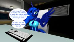 3d absurdres blue_hair breasts cleavage cuddlycarlos female_only femsub furry happy_trance horse_girl huge_breasts large_breasts long_hair multicolored_hair my_little_pony princess_luna tech_control text western wings
