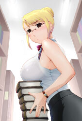 blonde_hair book breasts confused empty_eyes female_only femsub glasses huge_breasts librarian manip see-through short_hair solo tiechonortheal_(manipper) ueyama_michirou