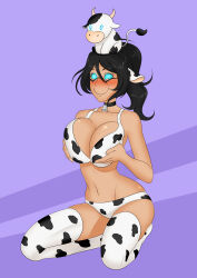  absurdres bell_collar bikini breast_press breasts collar cow_girl cow_print dazed femsub happy_trance holding_breasts huge_breasts large_breasts oo_sebastian_oo original sin_luxuria_(saibot) smile spiral_eyes symbol_in_eyes thighhighs tiny_cow_(blessedbycows) 