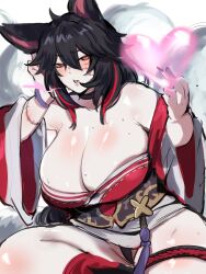  absurdres ahri_(league_of_legends) ambiguous_pov androgynous_sub black_hair blush breasts charm_(spell) clothed cosplay femdom heart heart_hands hypnotic_magic k_(kurenaiz) kitsune_girl kurenaiz large_breasts league_of_legends looking_at_viewer magic multicolored_hair multiple_tails nail_polish orange_eyes original pov pov_sub red_hair simple_background slit_pupils stitches sweat tail thighs white_background 