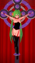 3d armpits blade_(kara_kikai) blush bottomless collar corruption corset drool exposed_chest female_only femsub garter_straps green_hair hair_ornament high_heels kara_kikai koikatsu! latex looking_at_viewer nipple_piercing open_mouth pussy_juice restrained ribbon rubber solo sweat thigh_boots thighhighs topless twintails yellow_eyes