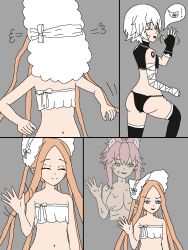 abigail_williams ass bare_shoulders bb_(fate/extra_ccc) breasts closed_eyes comic fate/extra_ccc fate/grand_order fate_(series) femsub fingerless_gloves from_behind gloves grey_background hat jack_the_ripper_(fate/apocrypha) justlooking727 koyanskaya maledom midriff navel possession ritsuka_fujimaru_(male) short_hair simple_background story tattoo thighhighs thighs white_hair