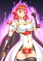 breasts celica_(fire_emblem) corruption empty_eyes femsub fire_emblem fire_emblem_echoes gloves glowing gradient_background hadant large_breasts magic nintendo red_eyes signature simple_background solo sword thighhighs thighs weapon