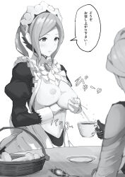  absurdres breast_grab breasts breasts_outside empty_eyes femsub fire_emblem fire_emblem_fates flora_(fire_emblem) greyscale holding_breasts lactation maid maid_headdress mayonaka milk milking nintendo open_clothes text translated 