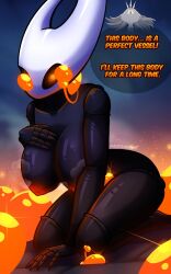 bad_end black_skin breasts cleavage corruption dialogue english_text female_only femdom femsub glowing glowing_eyes hollow_knight_(series) hornet_(hollow_knight) kneeling large_breasts naufrago nipples orange_eyes possession radiance_(hollow_knight) sitting text yellow_eyes