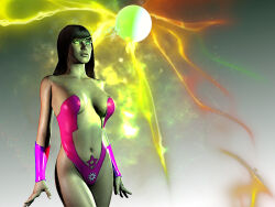 3d bare_shoulders black_hair blue_eyes bracers breasts clothed_exposure collarbone corruption dazed dc_comics electricity exposed_chest expressionless female_only femsub glowing leotard navel orb original standing star_sapphire straight-cut_bangs vice63