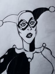 absurdres batman_(series) dc_comics female_only femsub greyscale harley_quinn itemshoplifter open_mouth solo spiral_eyes super_hero symbol_in_eyes traditional western white_background