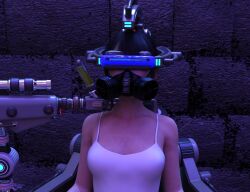 bare_shoulders black_hair corruption female_only femsub gas_mask hypnotic_gas hypnovideotoo injection original restrained short_hair solo tank_top tech_control visor