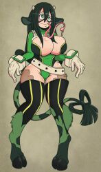  animal_ears black_hair breasts cleavage cow_girl female_only femsub gloves green_eyes hooves horns huge_breasts leotard long_hair long_tongue my_hero_academia non-human_feet ribbon simple_background solo spiral_eyes standing symbol_in_eyes tail thighhighs tongue tongue_out transformation tsuyu_asui very_long_hair wrenzephyr2 