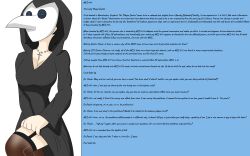 absurdres black_hair breasts caption dorian_o&#039;connor_(the_us_doctor) female_only hood large_breasts long_hair mci_(mind_control_index) original plague_doctor scientist scp-049 scp_foundation spiral_eyes symbol_in_eyes text the_us_doctor thighhighs