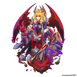 aged_up ahoge alternate_costume alternate_hairstyle armor aura blonde_hair clothed corruption cygames dragalia_lost euden eye_color_change facial_markings horns junyachan1994 king magic malesub morsayati nintendo possession prince red_eyes royalty simple_background standing sword very_long_hair weapon white_background wings