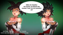 black_eyes black_hair blush breast_grab breasts caulifla cleavage collar dialogue dragon_ball dragon_ball_super drool earrings eye_roll femsub fusion gloves groping happy_trance holding_breasts hypnohouse jewelry kefla large_breasts maid multiple_girls multiple_subs necklace open_mouth ponytail smile speech_bubble text