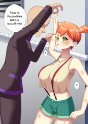  absurdres aged_up bare_legs blue_eyes blush breasts collarbone dialogue english_text faceless_male femsub green_eyes huge_breasts jean_shorts large_breasts maledom midriff misty navel newgirugamon nintendo open_mouth orange_hair pendulum pokemon pokemon_(anime) shirt short_hair short_shorts shorts side_ponytail speech_bubble standing suspenders tank_top text 