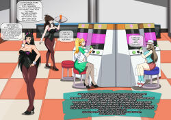 anabel_(mexigojira) black_hair blonde_hair brown_hair bunny_ears bunnysuit crimson_(stepfordcrimson) dialogue dlobo777 empty_eyes femsub happy_trance hypnotic_screen leaf_(pokemon) original pokemon spiral team_hypno text