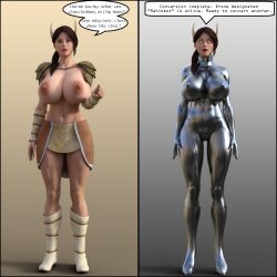 3d before_and_after breasts comic cow_girl dialogue female_only fembot femsub graybot high_heels horns instant_loss large_breasts mahlk_(theheckle) original robot robotization standing standing_at_attention text theheckle topless whitewash_eyes