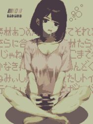 ai_art black_eyes black_hair breasts cleavage crossed_legs dazed drool empty_eyes female_only femsub game_controller manip open_mouth original pixel_art shirt signature simple_background solo specialhanako_(manipper)