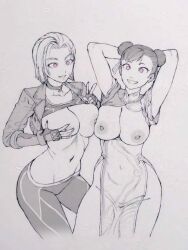 breast_press breasts cammy_white chun-li collarbone crossed_eyes female_only femsub greyscale happy_trance large_breasts m4ns0n midriff multiple_girls multiple_subs navel nipples pink_eyes see-through shirt_lift street_fighter symbol_in_eyes traditional v