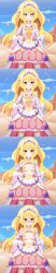  amane_kasai bangs bare_shoulders blonde_hair blue_eyes blush breasts breasts_outside choker comic crown cure_finale delicious_party_precure dialogue dress empty_eyes exposed_chest eyebrows_visible_through_hair female_only femsub hair_ornament hand_on_hip happy_trance headband long_hair magical_girl nipples open_mouth outdoors paradox ponytail precure skirt smile solo straight-cut_bangs text 