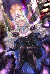  alternate_costume anankos_(fire_emblem) armor aura boots breasts cape cleavage collar corrin_(fire_emblem) corruption crossed_legs crown earrings elf_ears evil_smile fire_emblem fire_emblem_fates gauntlets glowing happy_trance jewelry krazehkai large_breasts long_hair looking_at_viewer maledom neckerchief nintendo possession princess red_eyes royalty sitting slit_pupils smile smoke white_hair 