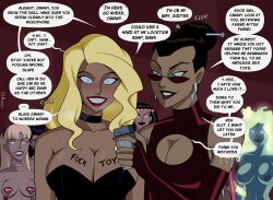  betrayal big_barda black_canary black_lipstick blonde_hair blue_eyes body_writing breasts cleavage cleavage_cutout collar dc_comics dialogue earrings english_text female_only femdom femsub fire_(dc_comics) green_skin happy_trance harem hypnotized_assistant justice_league_(series) justice_league_unlimited lipstick long_hair multiple_girls multiple_subs nipples nude pasties polmanning red_lipstick resisting roulette short_hair smile speech_bubble super_hero supergirl sweat text top_hat whitewash_eyes zatanna_zatara 