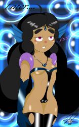  absurdres black_hair breasts cameltoe cosplay dark_skin dazed female_only femsub gloves hapu_(pokemon) long_hair looking_at_viewer lorddandan nintendo opera_gloves pink_eyes pokemon pokemon_sun_and_moon ring_eyes solo standing standing_at_attention text thighhighs twintails 