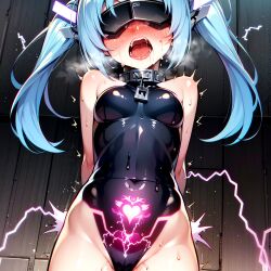  ai_art arms_behind_back barefoot blue_hair blush breath collar corruption crotch_tattoo drool electricity female_only femsub heaven&#039;s_lost_property latex leotard nymph_(heaven&#039;s_lost_property) on_back open_mouth rubber small_breasts solo sweat tattoo tech_control tight_clothing trembling twintails visor yugo_(generator) 