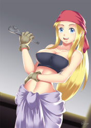 bandana bare_shoulders before_and_after blonde_hair blue_eyes breasts cleavage fullmetal_alchemist gradient_background hadant large_breasts long_hair midriff navel ponytail signature simple_background winry_rockbell